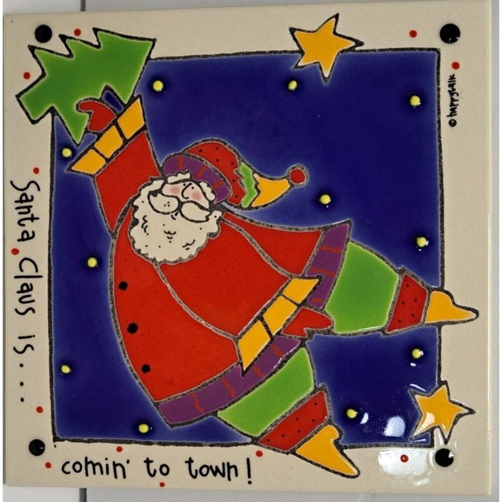 Christmas Happy Talk Trivet Tile Santa Star Tree Square‎ 6" Wall Decor Ceramic